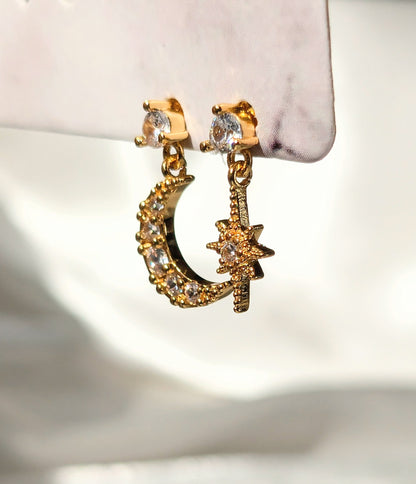 Boucles d'oreilles lune et étoile pendantes